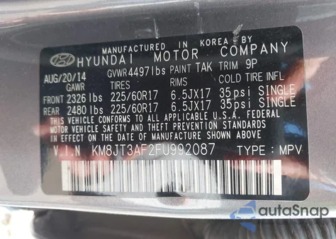 2015 Hyundai Tucson Gls из США, поврежденный, VIN KM8JT3AF2FU992087